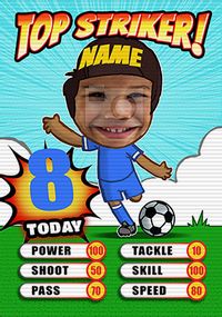 Tap to view Flip Reveal Top Striker Blue Football Photo Birthday Card