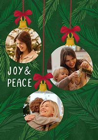 Tap to view Joy and Peace Baubles Photo Christmas Card