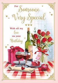 Tap to view Someone Very Special Roses and Wine Birthday Card