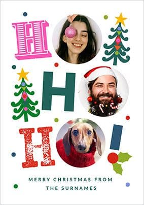 Click here to view Ho Ho Ho 3 Photo Colourful Christmas Card