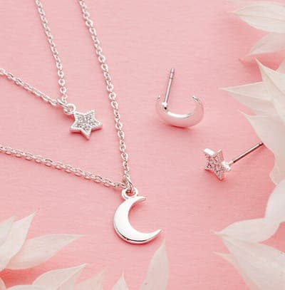 Silver Plated Mismatched Star And Moon Earring With Necklace Set