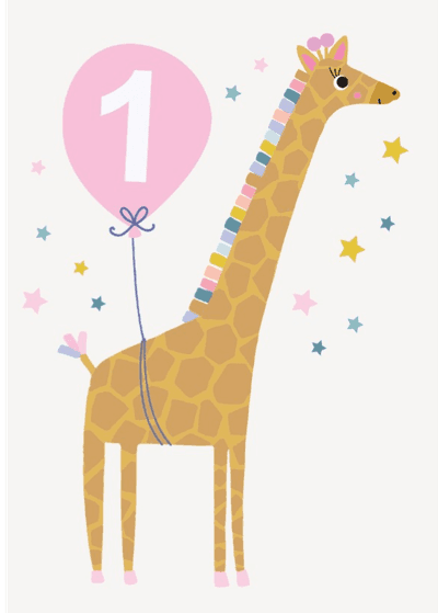 Giraffe Pink Balloon 1st Birthday Card