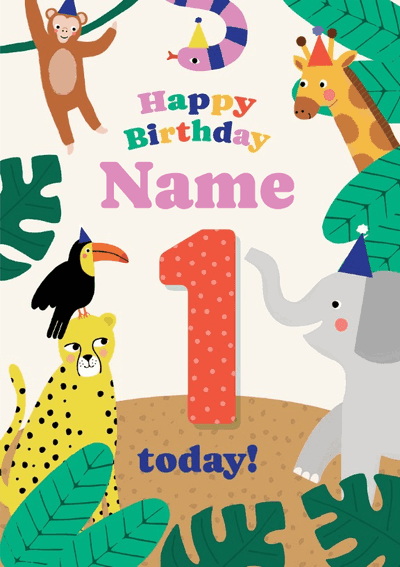 1st Birthday Jungle Animals Card For Her