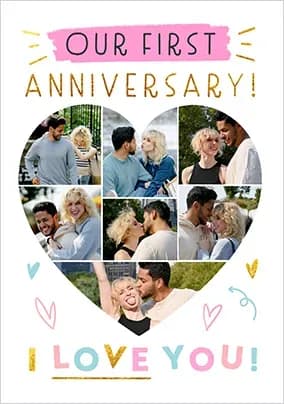 First Anniversary Heart Shape 7 Photo Anniversary Card