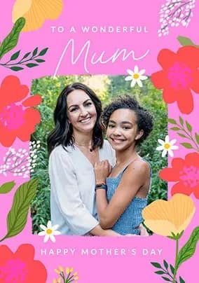 Wonderful Mum Pink Floral Border Photo Mothers Day Card