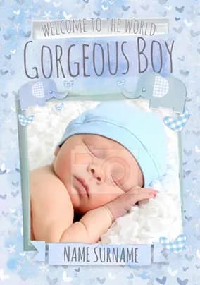 Button Nose New Baby Card Gorgeous Boy Photo Upload