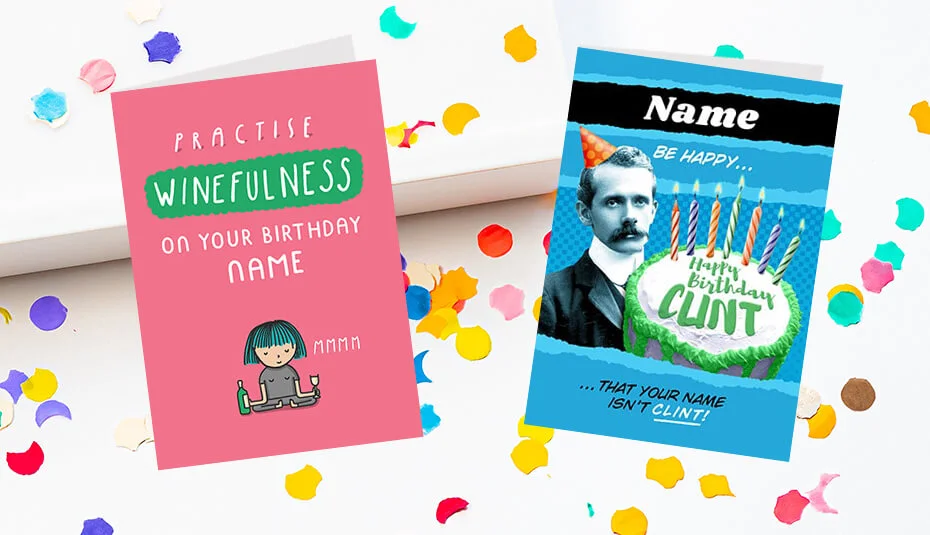 two funny birthday cards on a party background