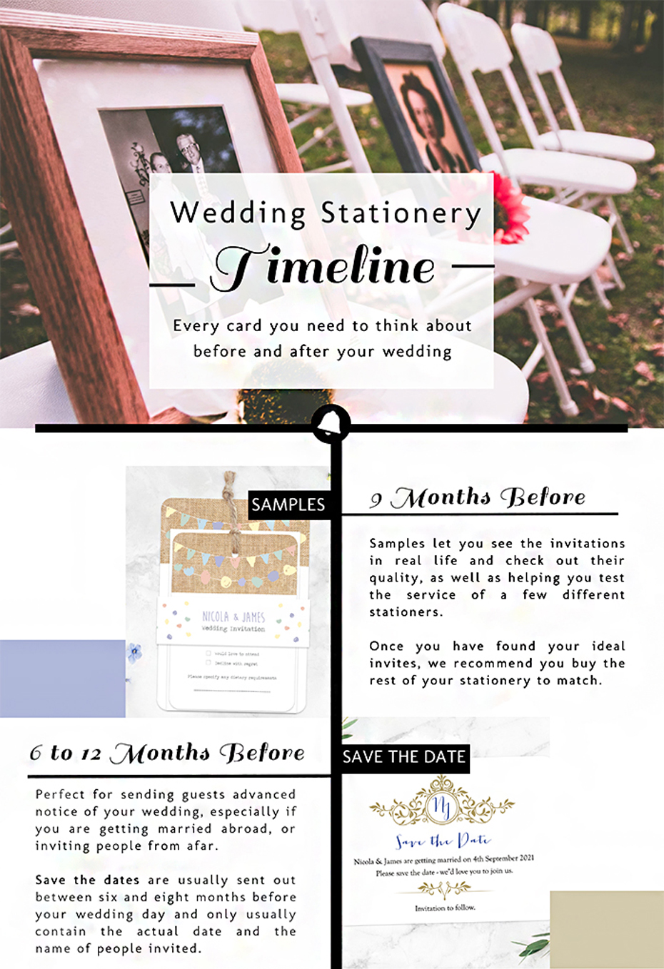 wedding stationery timeline, 9 months before and 6 to 12 months before