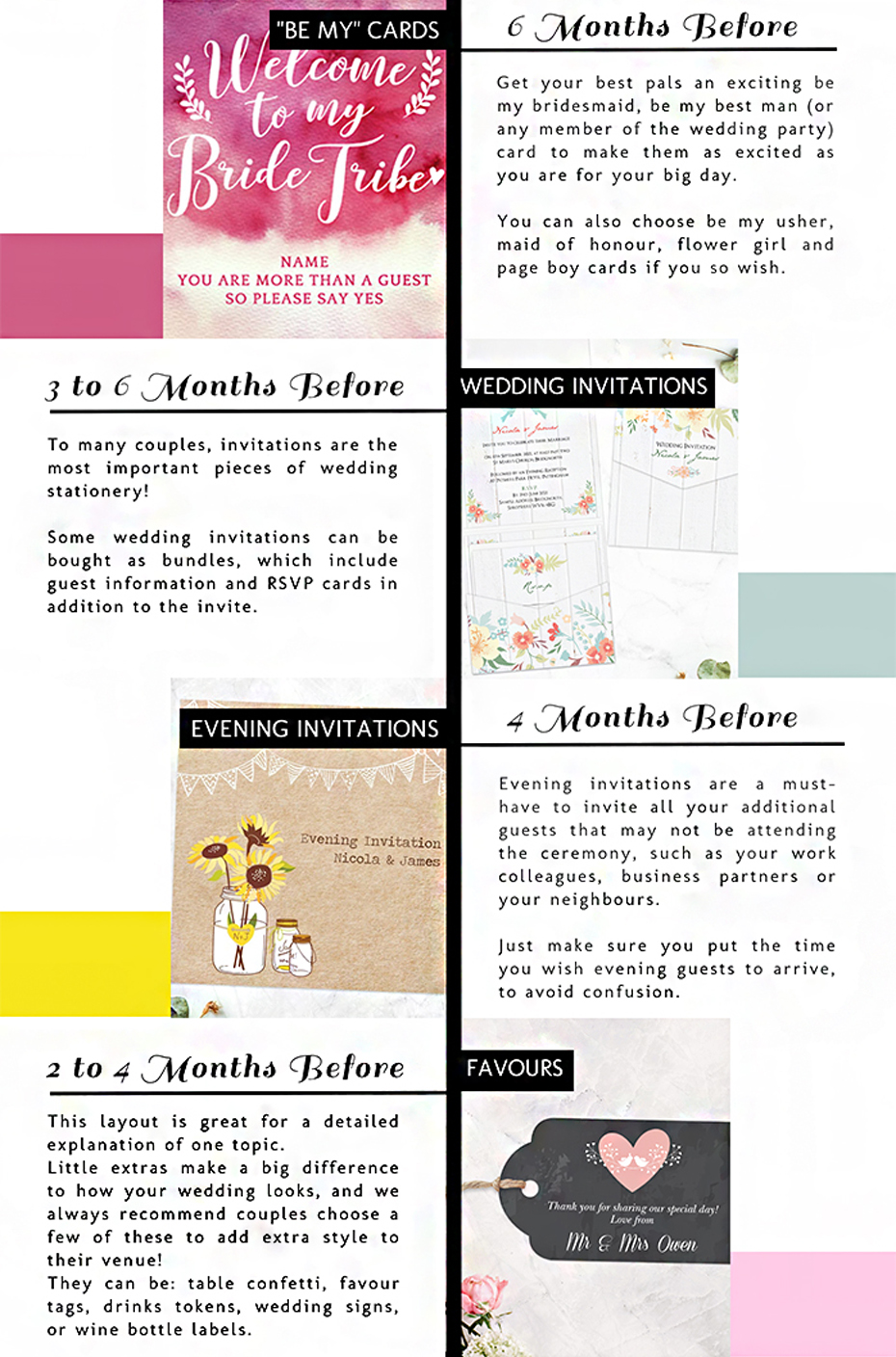wedding stationery timeline, 6 months before to 2 months before