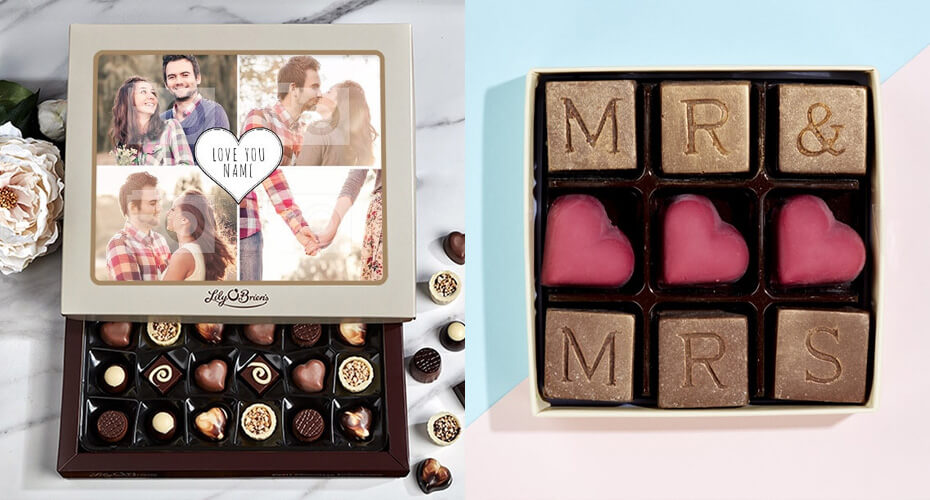 a box or Mr and Mrs chocolates with a personalised photo box