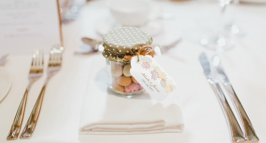 wedding favours set on a table for a guest