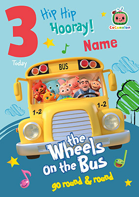 Wheels on the bus 3 Today Personalised Birthday card