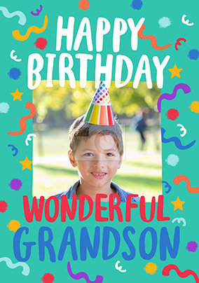 Wonderful Grandson Streamers Photo Birthday Card