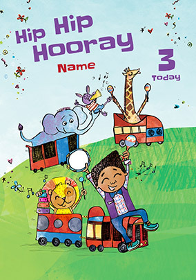 Hip Hip Hooray 3 Today Personalised Birthday Card