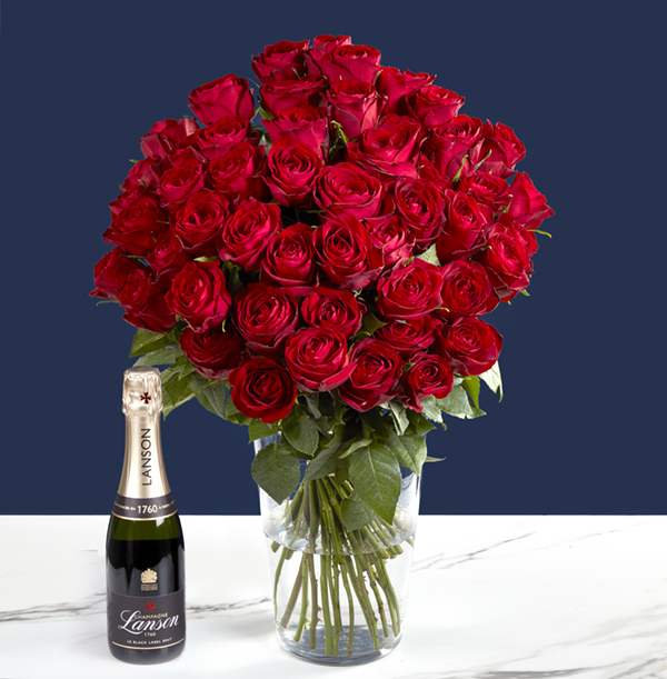 The Opulent 50 Red Roses and Lanson Champagne Gift Set