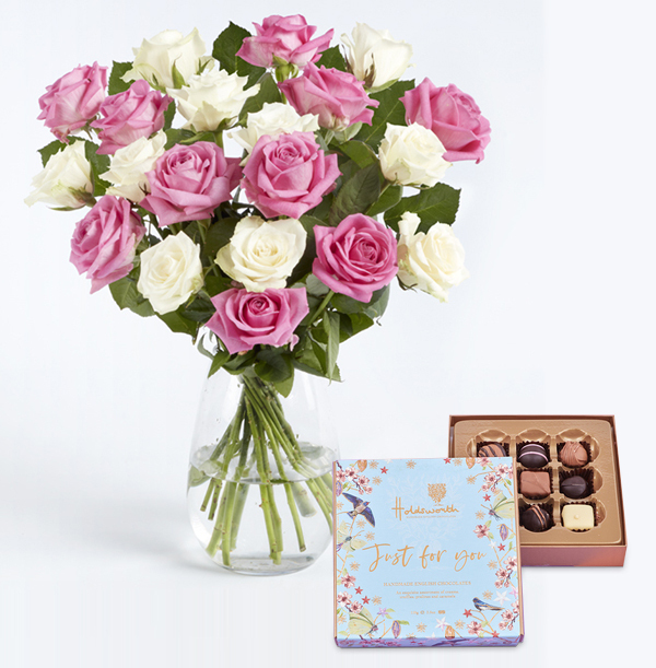 Luxury Pink and White Roses with Just For You Chocolates