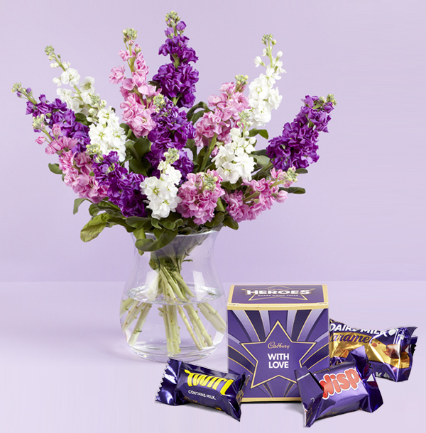 Luxury Purple Stocks Bouquet with Heroes Chocolates