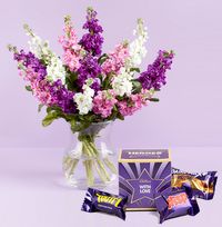 Tap to view Luxury Purple Stocks Bouquet with Heroes Chocolates