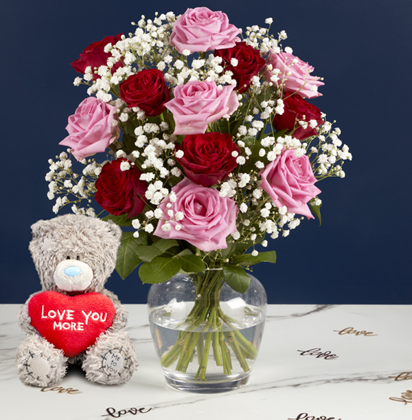 Classic Pink and Red Rose Bouquet With Free Bear