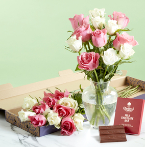 Pink and White Rose Letterbox with Luxury Chocolate Gift Set