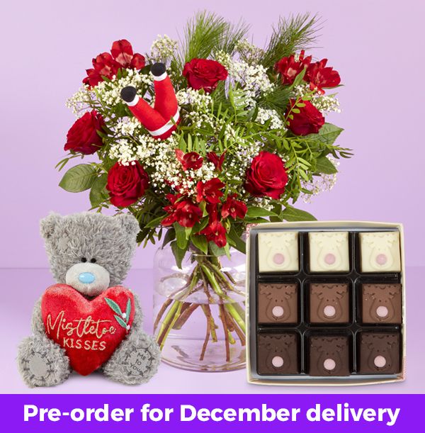 Photo of Santa's Rose & Gypsophilia Chocs & Plush Giftset