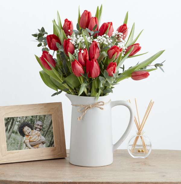Red Tulip and Gypsophila Jug Arrangment