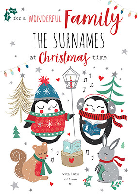 Wonderful Family Penguins Personalised Christmas Card