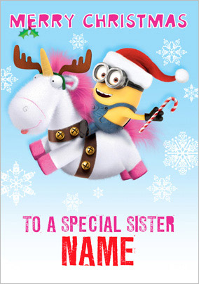 Minion & Unicorn Reindeer Christmas Card for Sister