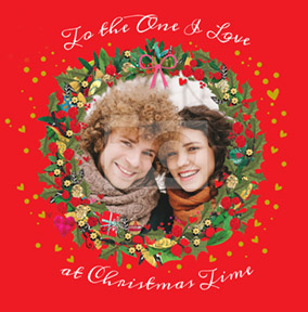 One I Love Photo Upload Christmas Card - Festive Wreath Paper Rose