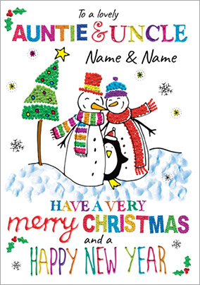 Auntie & Uncle Christmas Card - Snowmen & Penguin Paper Rose
