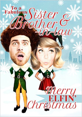 Sister & Brother-In-Law Elf Spoof Photo Christmas Card