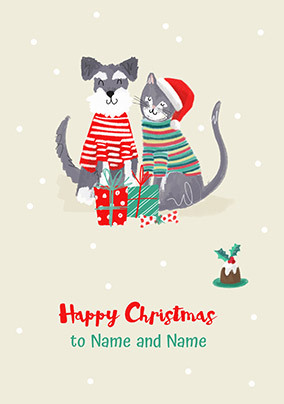 Dog and Cat Merry Christmas Personalised Card