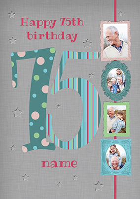 Blue 75th Birthday Card - Multi Photo