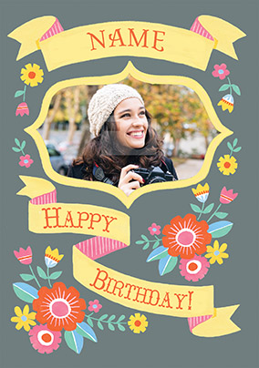 Folk Flowers Photo Birthday Card