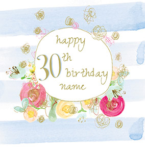 Blue Stripe Floral 30th Birthday Card