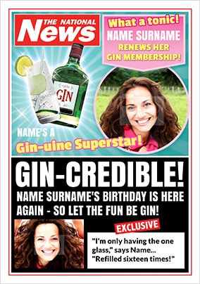 Gin-Credible Photo Upload National News Birthday Card