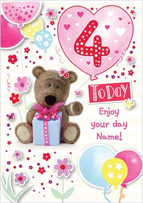 Barley Bear Girl's 4th Birthday Personalised Card