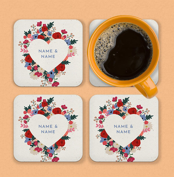 Name & Name Floral Heart Personalised Coaster