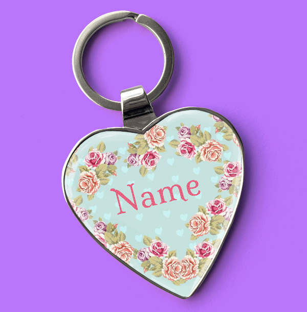 Floral Name Personalised Heart Keyring