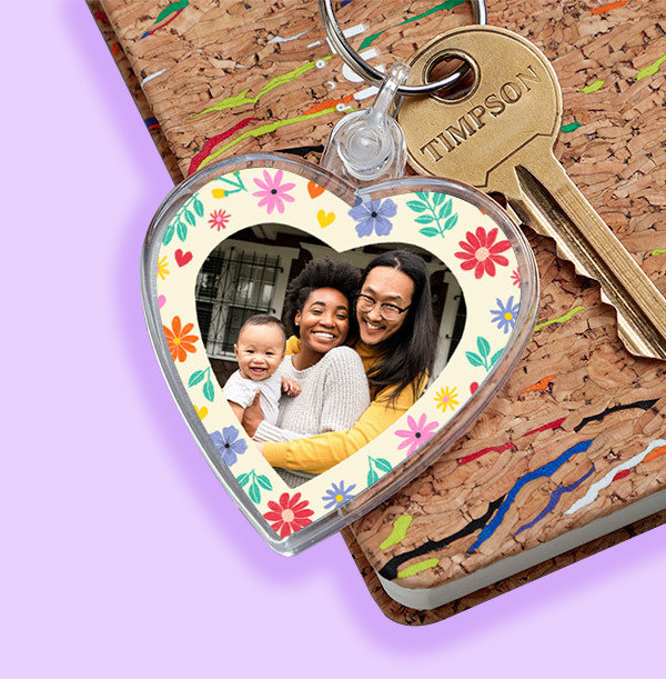 Mums Floral Photo Upload Heart Keyring