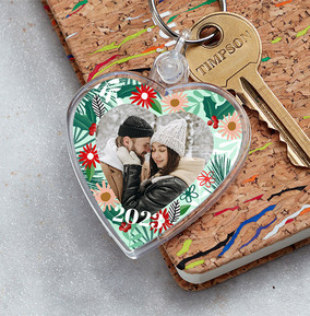 Winter Floral Photo Upload Heart Keyring