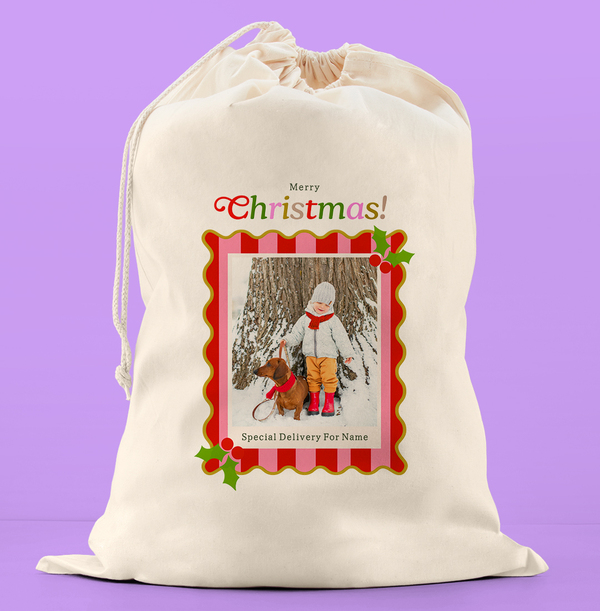 Merry Christmas Striped Frame Personalised Santa Sack