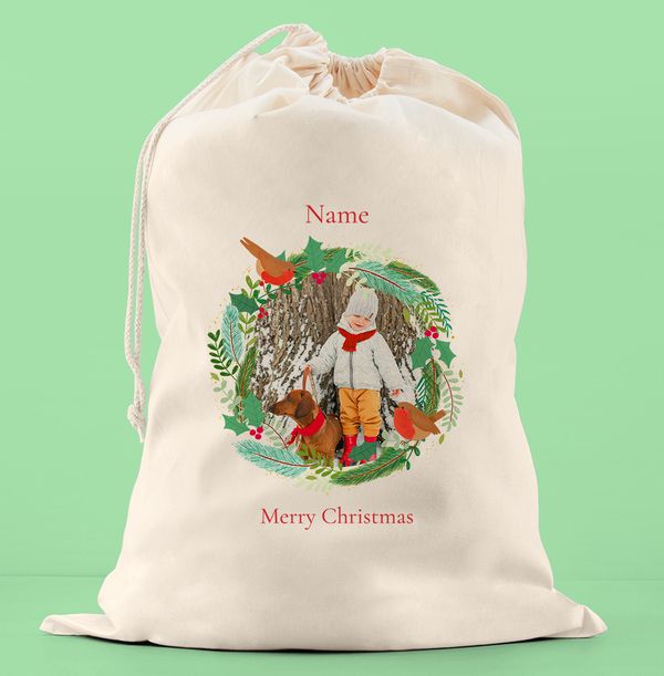 Photo of Merry Christmas Wreath Frame Personalised Santa Sack