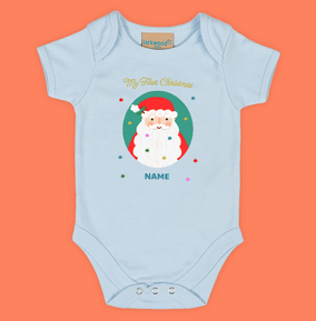 My First Christmas Teal Santa Personalised Baby Grow