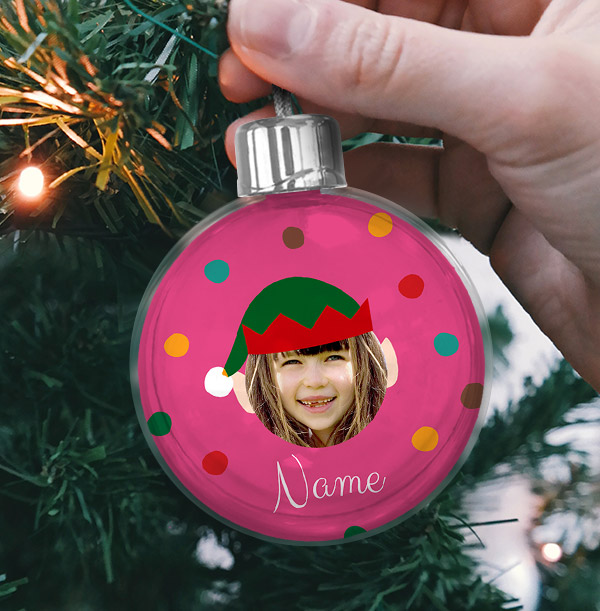 Elf Photo Personalised Bauble - Pink