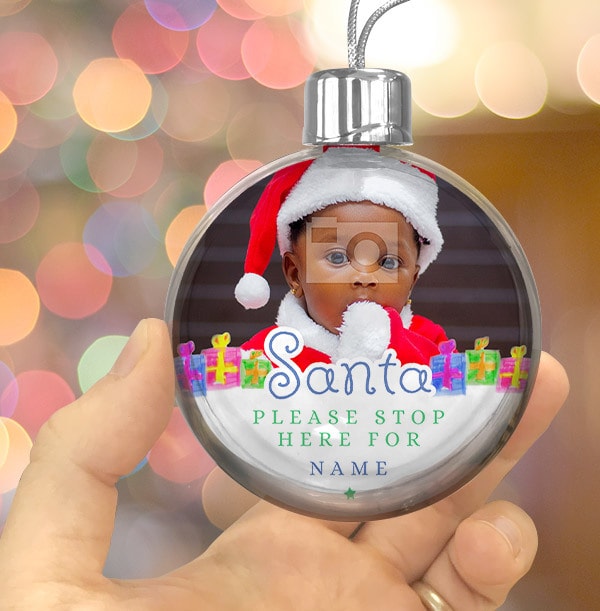 Santa stop here Personalised Bauble - Blue Text