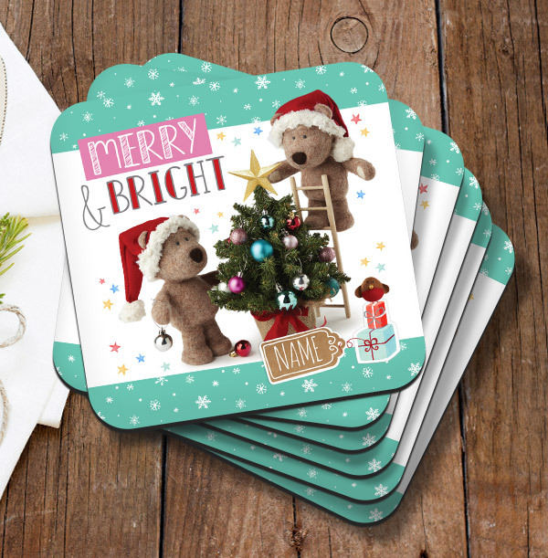 Merry & Bright Barley Bear Personalised Coaster