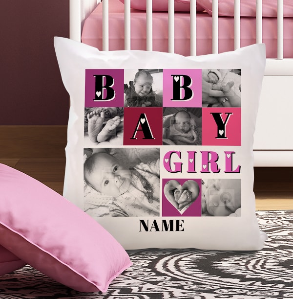 Baby Girl Heart Photo Collage Cushion