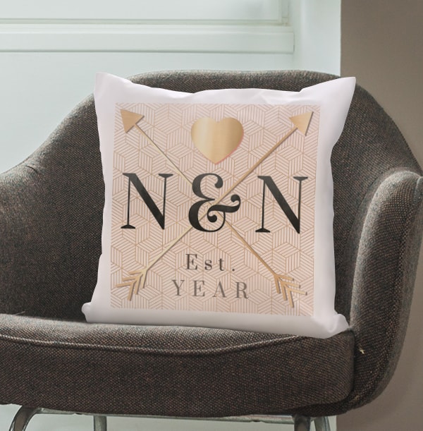 Gold Heart Initials Personalised Cushion