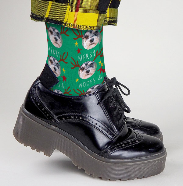 Christmas Woofs and Kisses Novelty Photo Socks
